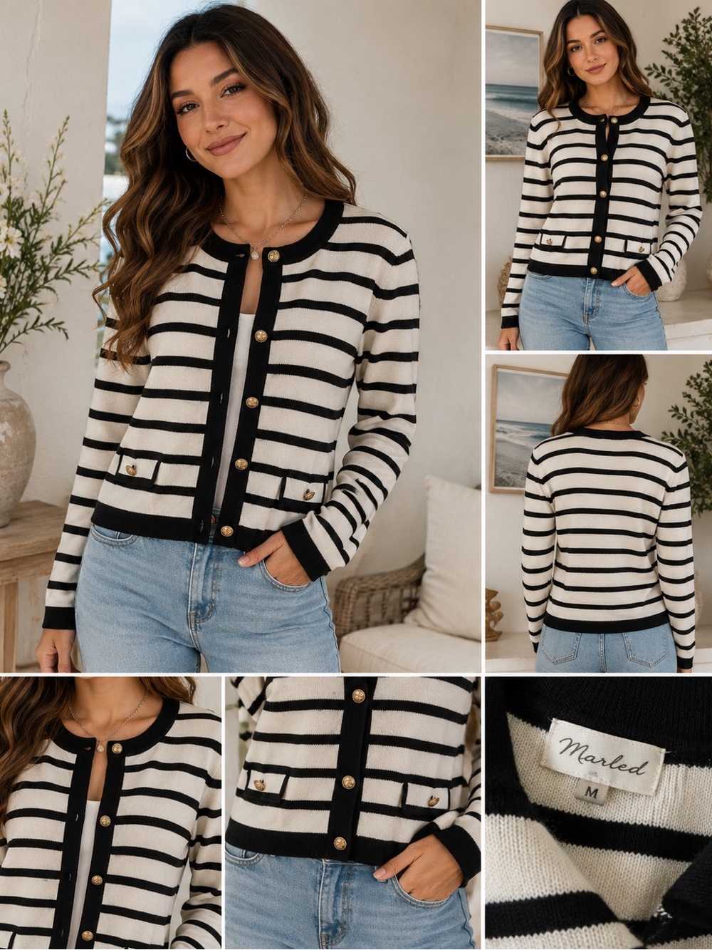 Marled Black & White Striped Button Cardigan with Gold Buttons